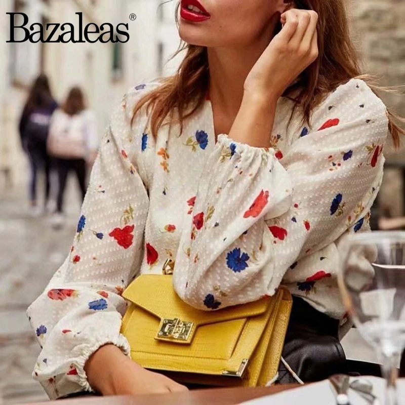 Женская винтажная блузка Bazaleas белая шифоновая с цветочным принтом и