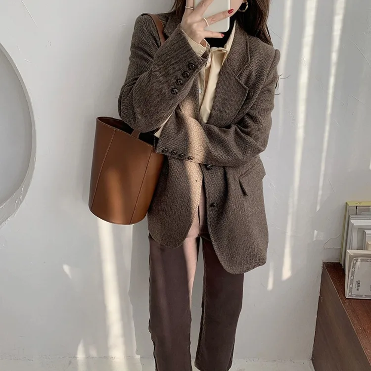 

OL Notched Vintage Solid Tweed Blazer Jacket 2021 New Autumn Winter High Quality Formal Women Blazers Suit Coat Female