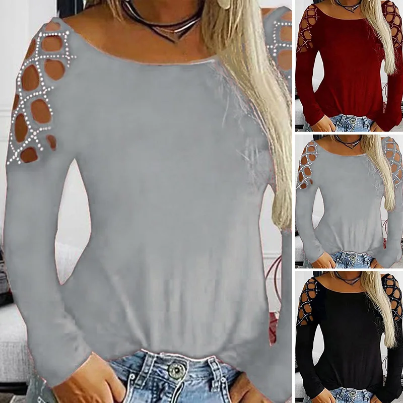 hot Women Tops Sexy shoulder Hollow out Long Sleeve Round Neck Plus Size ladies shirts solid | Женская одежда