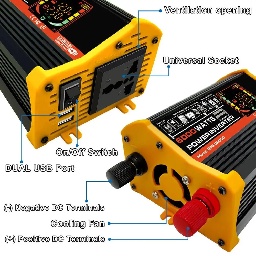 

6000W Dual USB Smart Display Car Power Inverter Converter Adapter 12V to 220V/110V Voltage Transformer Modified Sine Wave