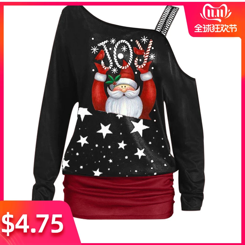 Женские футболки с рождественским узором модное платье открытыми плечами