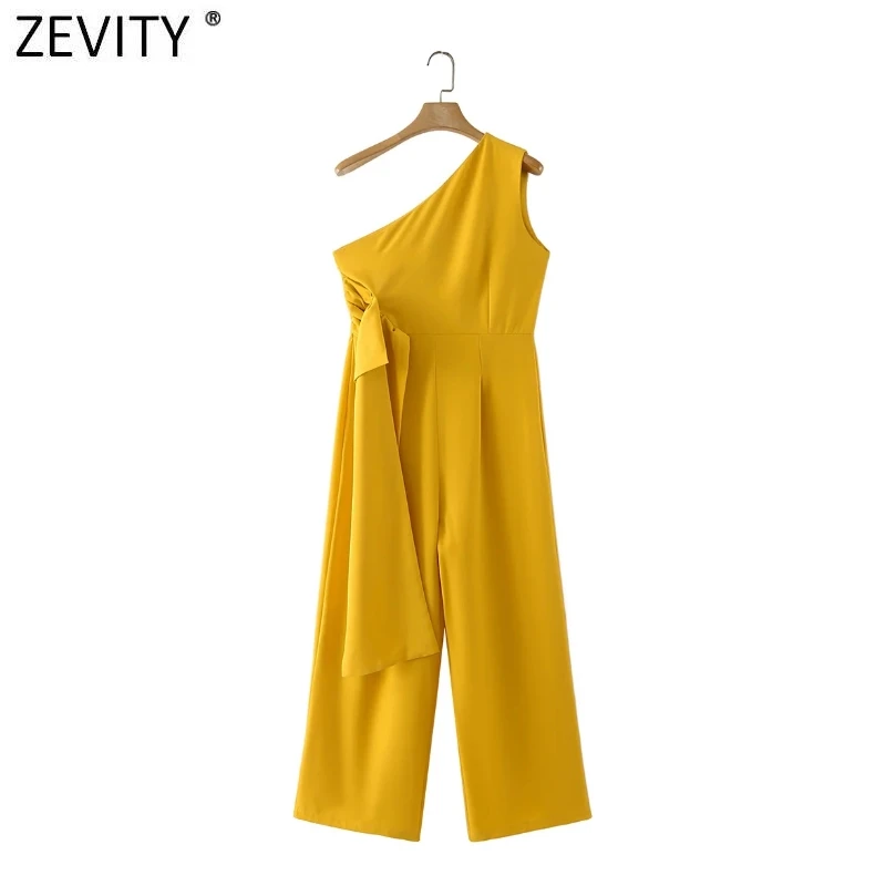 

Zevity Women Fashion Single Shoulder Skew Collar Yellow Wide Leg Jumpsuits Chic Ladies Side Zipper Pleats Casual Rompers P1279