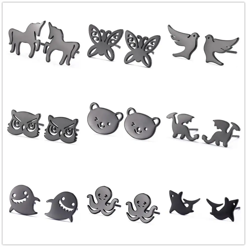 Женские серьги гвоздики из нержавеющей стали модные черные в виде медведя