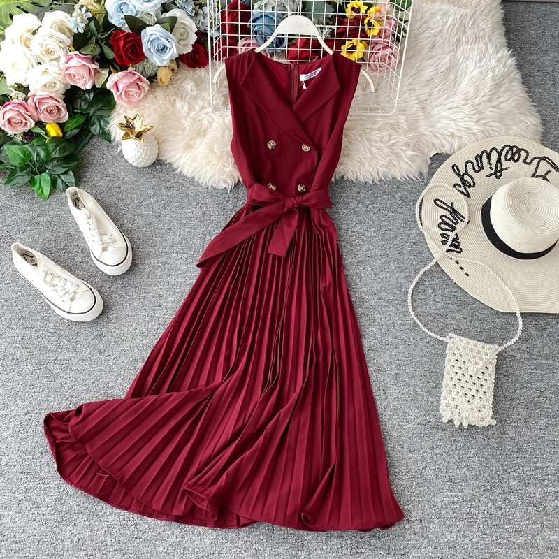 

Elegant Sleeveless Pleated Dress 2020 Spring Double Breasted Retro Slim Belted Women Fashion Vintage Dress