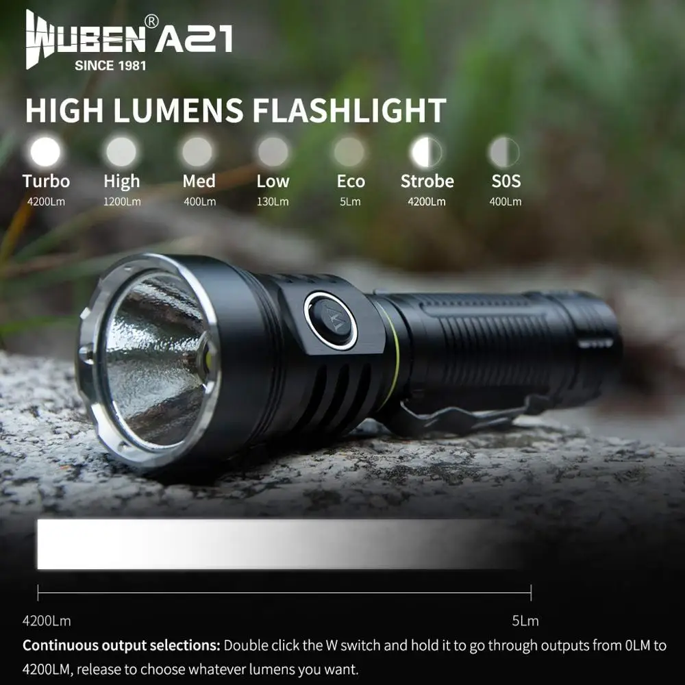 Kaufen WUBEN A21 Hight Leistungsstarke Taschenlampe CREE XHP 70,2 4200 Lumen Typ-C Wiederaufladbare Wasserdichte Licht Mit 21700 Batterie Für Camping