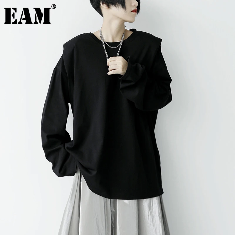 

[EAM] Women Black Shoulder Padded Big Size Casual T-shirt New Round Neck Long Sleeve Fashion Tide Spring Autumn 2022 1DE3398