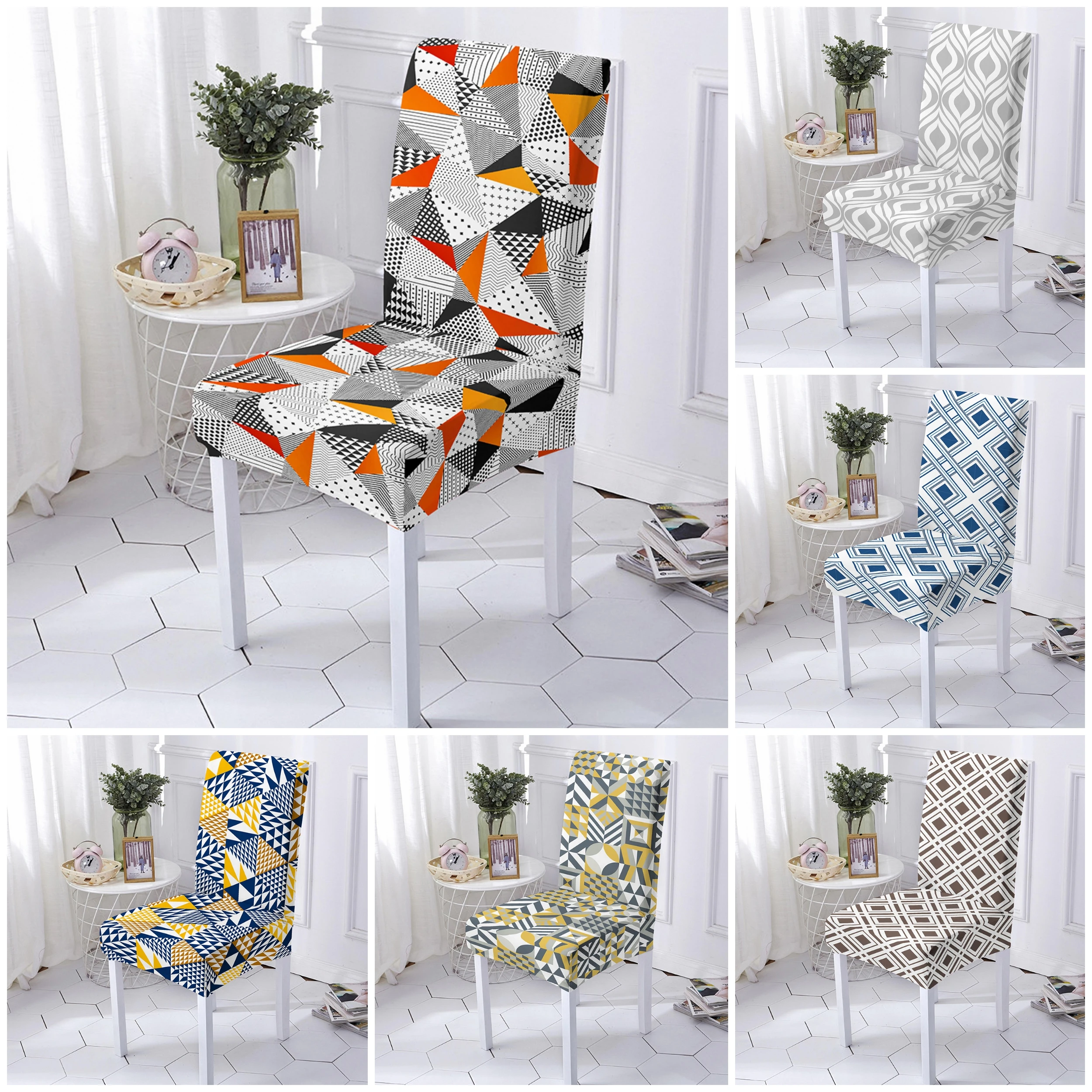 

Elastic Geometric Pattern Chair Cover Universal Size Chair Slipcover Stretch Dining Room Chair Cover For Banquet 1/2/4/6PCS