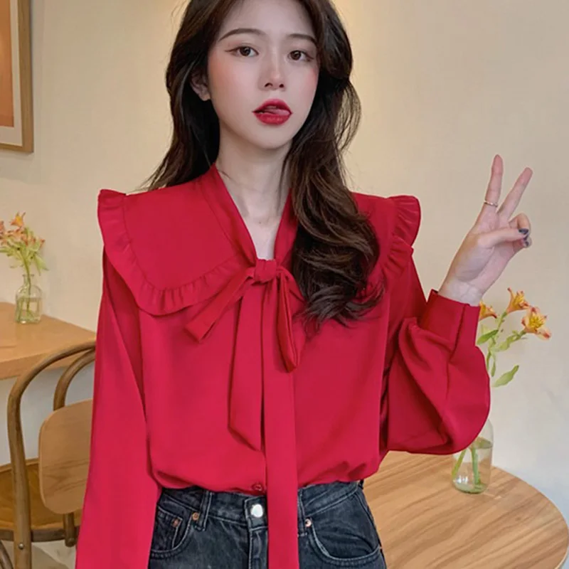 

Women Blouses Chiffon White Shirts Bow Flare Sleeve V-neck Korean Style Sweet Elegant Draped Office Ladies Spring Leisure Chic