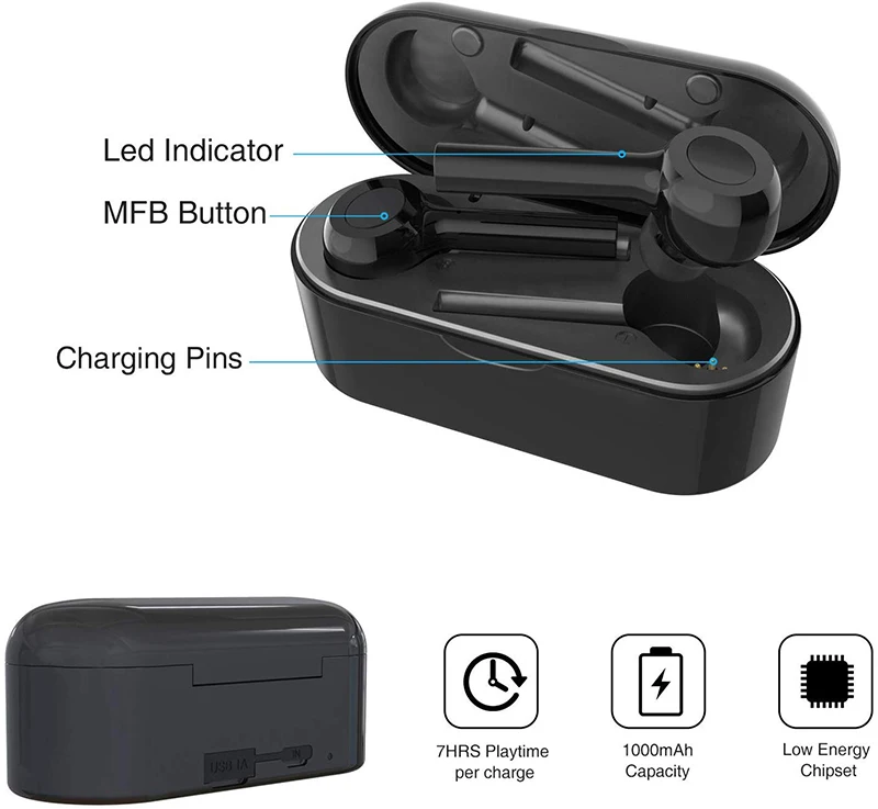 Amorno TWS T1 Bluetooth 5,0 стерео наушники TWS наушники с шумоподавлением наушники-вкладыши с микрофоном Handsfree 1000 мАч Внешний аккумулятор