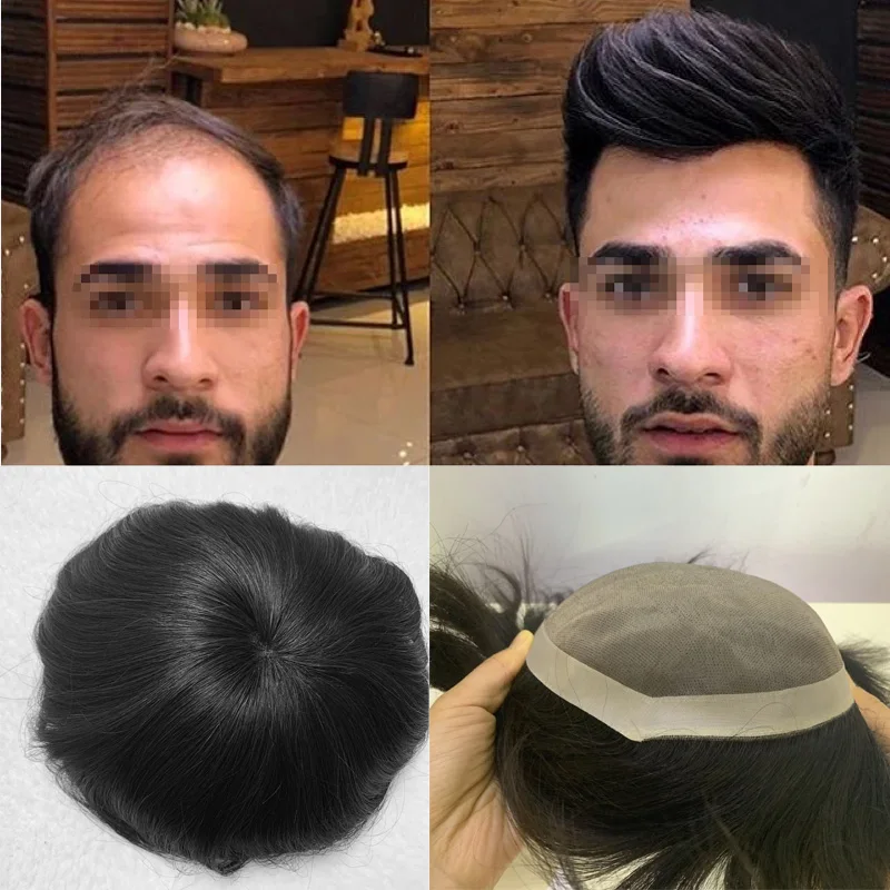 Color Black Durable Fine Mono Mens Hair toupee Replacement System Indian Human Hair Toupee 110% Hair Denstiy Mono Wig