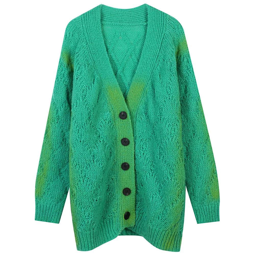 

2021 Autumn Winter New Women's V-Neck Raglan Sleeve Medium Long Contrast Color Hook Flower Loose Knitted Thick Warm Cardigan