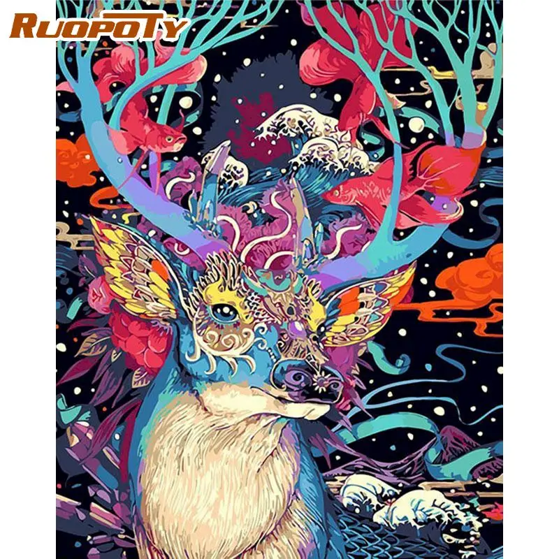 

RUOPOTY DIY Frame Painting By Number Deers Animals Picture By Numbers Kits Acrylic Paint On Canvas For Home Decors Artcraft