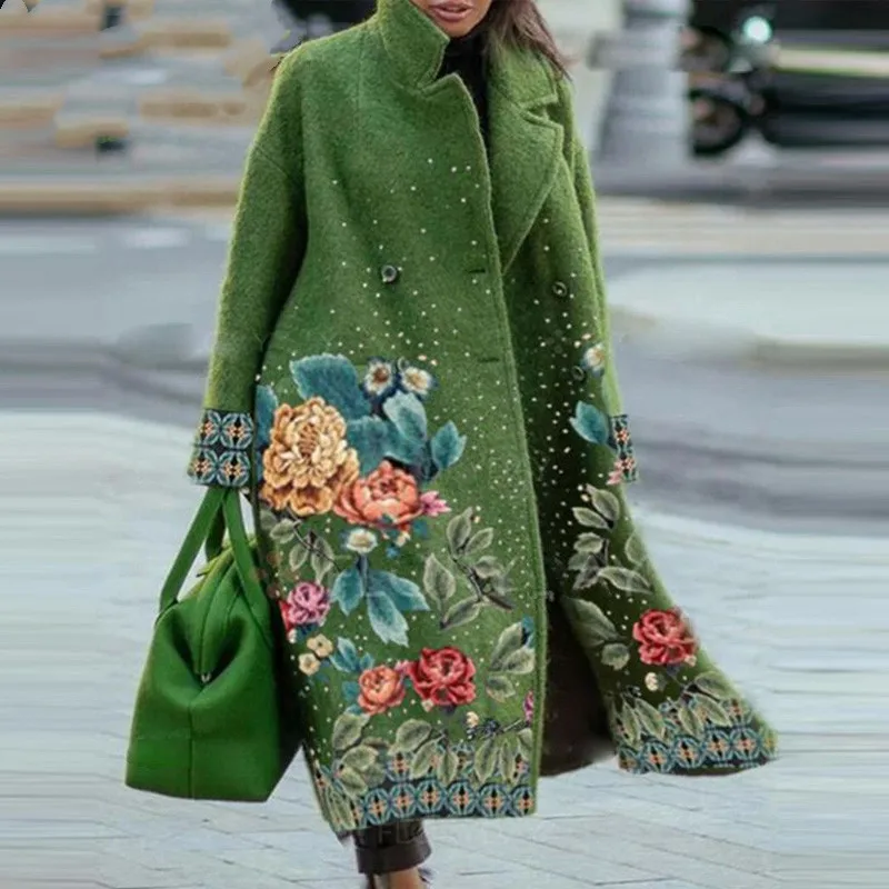 

Винтажная зеленая верхняя одежда с длинным рукавом и карманами, осень 2021, повседневное Свободное длинное пальто из смесовой шерсти, женский...