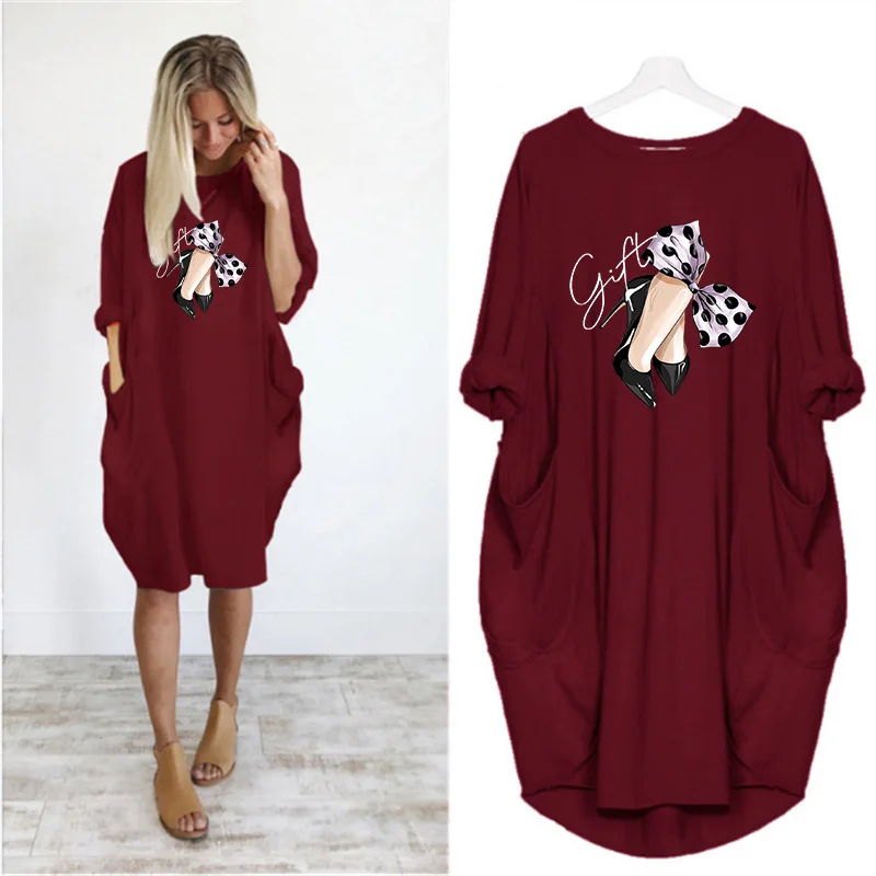 

Autumn Dress For Women Vogue High Heels Print Long Sleeve Loose Pocket Casual Party Woman Dress Vestidos Robes Plus Size Dress