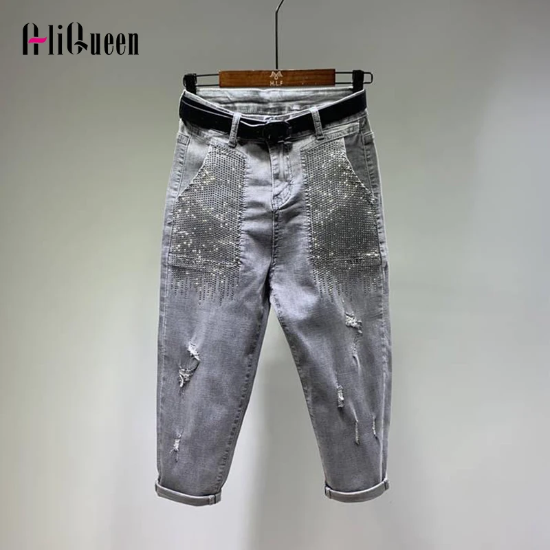 

На весну и на осень, одежда для прогулок Женские винтажные отверстия бриллиантов с высокой талией джинсы длиной до щиколотки, джинсовые шта...