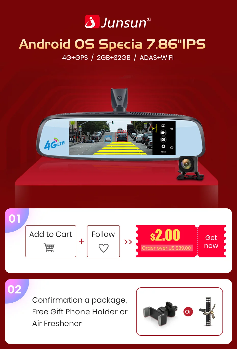 Junsun ADAS Car camera DVR Rearview 4G Camera Video recorder 7.86" Android with two cameras dash cam Registrar Rearview Mirror