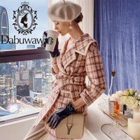 dabuwawa elegant plaid wool blend straight coat women turn down collar sashes winter warm long coat outwear female dt1dln021