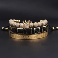 drop shipping new luxury cz micro pave ball crown leather square braided stainless steel roman bangle men bracelet set men women