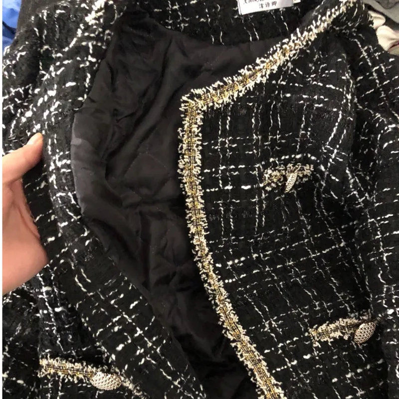 Пальто женское черное маленький твидовый жакет верхняя одежда свободного кроя