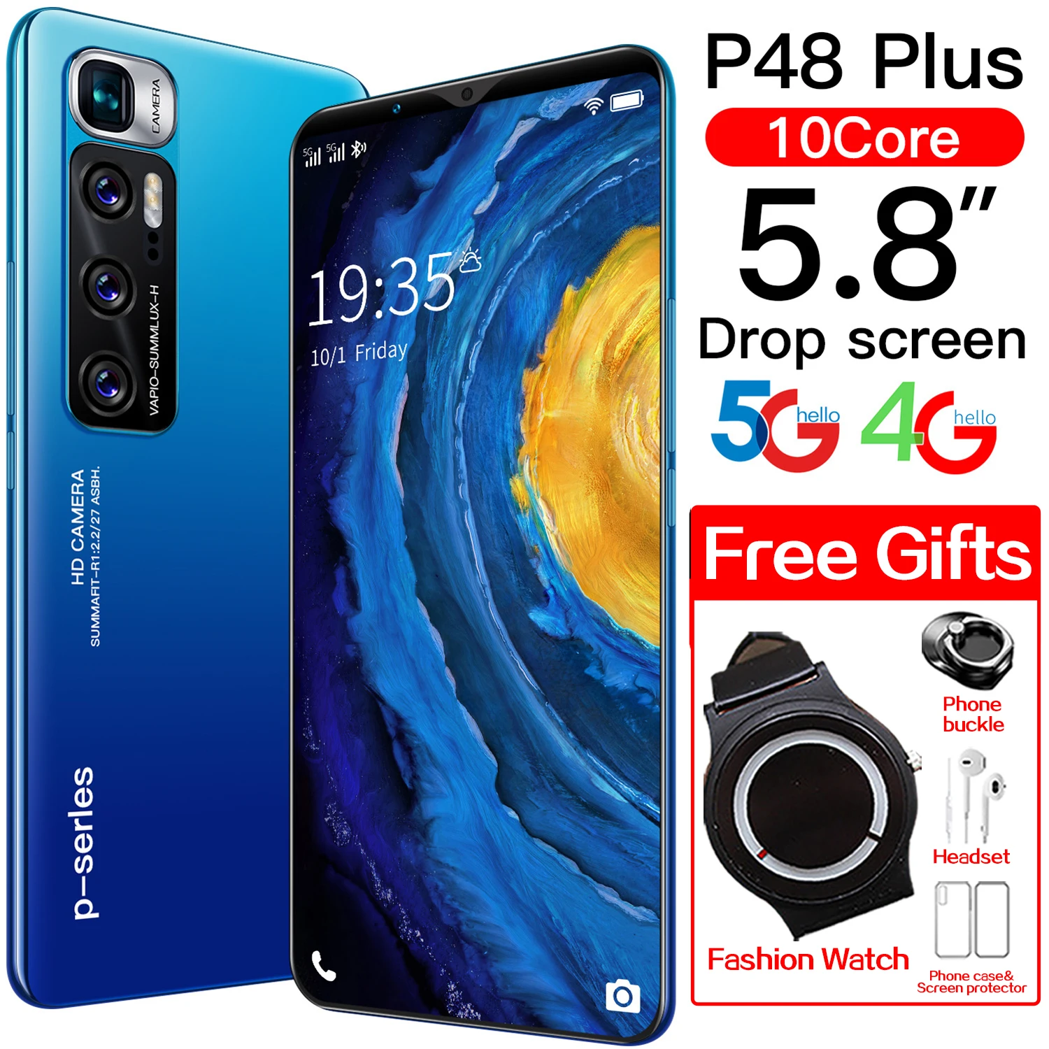

P48 Plus 5.8 Inch 64GB/128GB Dual SIM Fingerprint Unlock 13+24MP Andriod 10 Smartphones 4800mAh 5G LTE Bands Cellphone MTK6799