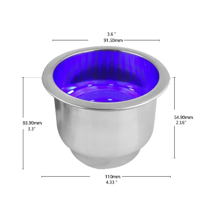 

J60F 12V 15LED Light Cup Holder Insert with Drain Stainless Steel Polished Marine RV Cup Drink Holder