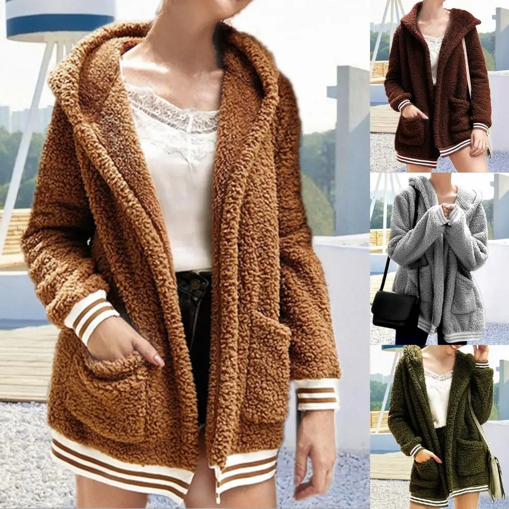 

Open Stitch Skin-Touch Solid Color Hooded Women Coat for Daily Wear