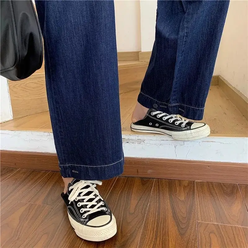

High Waist Wide-leg Jeans Women Single-strap Ankle-length Denim Trousers Retro Korean Style Student BF Loose Harajuku Streetwear