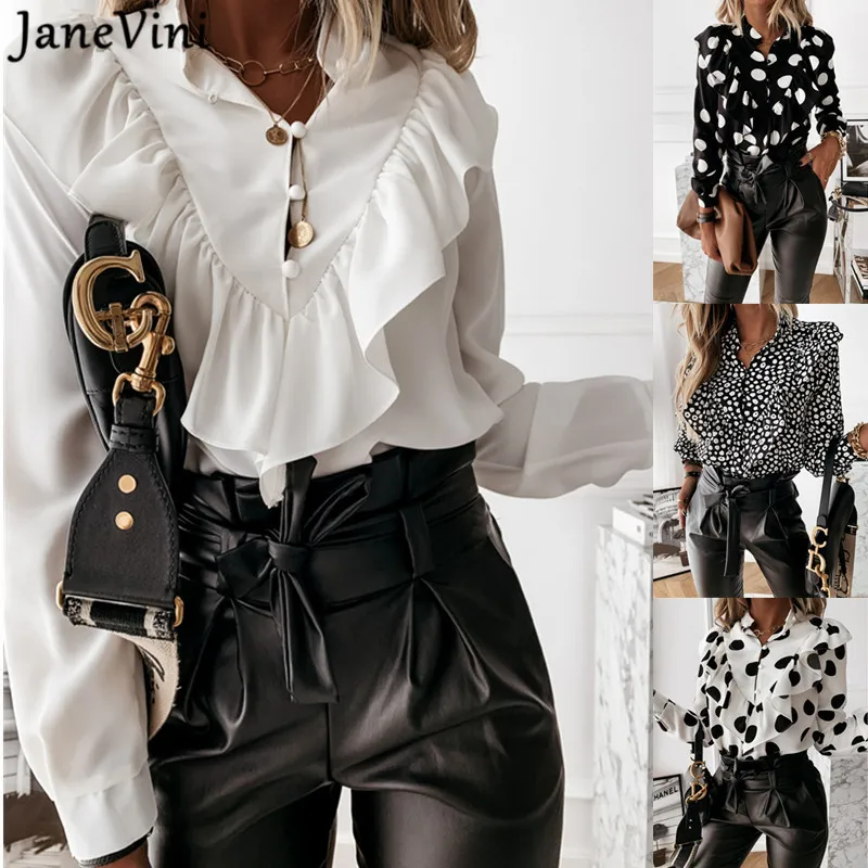 

JaneVini Fashion Dot Printing Women's Top Ruffles Chiffon Long Sleeve Shirt High Street Style Office Ladies Blouse Shirts 2021