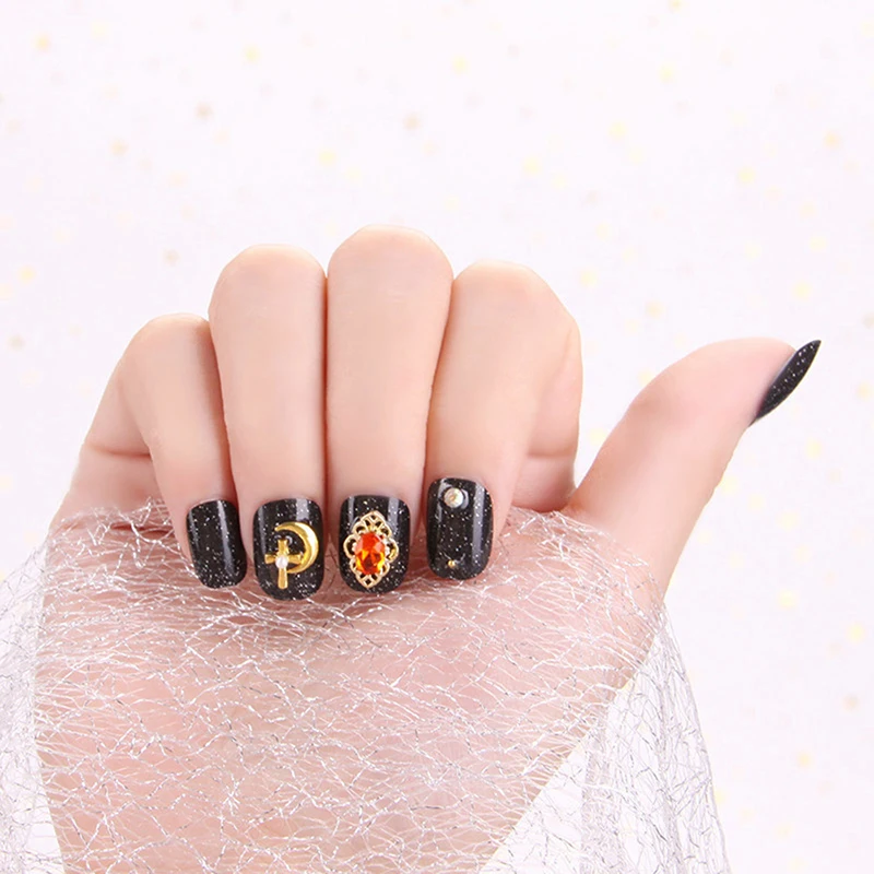 24pc/set Punk Rhinestone Fake Nails Short Round Head Full Cover Black Design Fashion Nail Art | Красота и здоровье