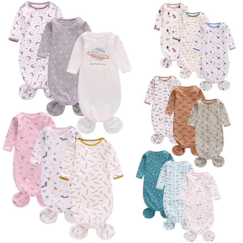 

3 Pcs/Set Infant Baby Knotted Sleep Gown Soft Knitted Cotton Sleepwear Romper XXFE