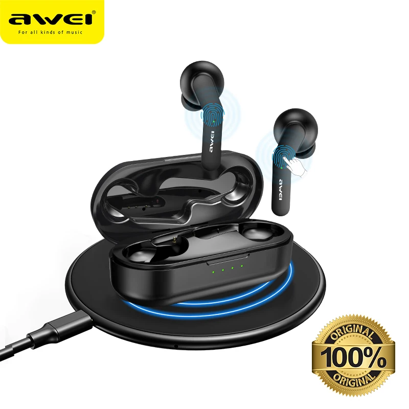 AWEI TWS Bluetooth V5.0 настоящие беспроводные наушники для зарядки с двойным микрофоном шумоподавление HiFi 6D бас игровая гарнитура сенсорное управление Качественные Наушники с микрофоном звук чистый и басс