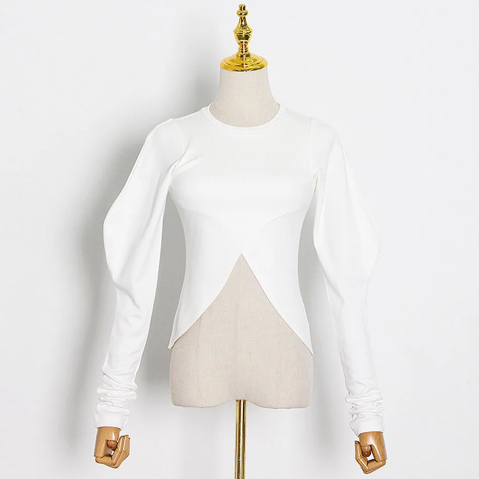

High Quality 2020 Autumn Fashion Women'S Solid Color Top Sexy O-Neck Puff Sleeve Irregular Cross Leaking Belly Button Party Top