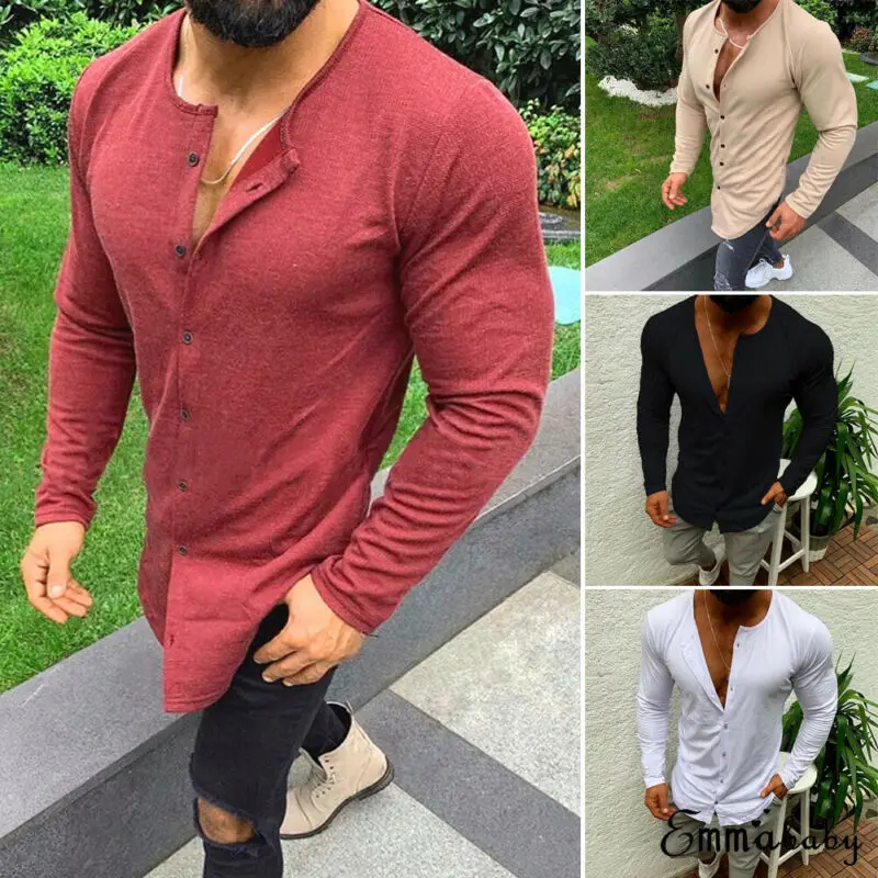 

Мужская приталенная футболка с длинным рукавом и круглым вырезом, однотонные повседневные однобортные топы размера плюс, новинка 2019