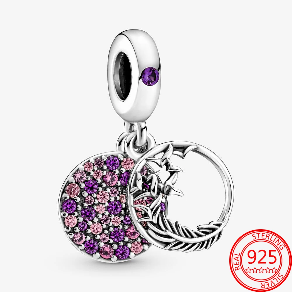 

Authentic 925 Sterling Silver Pink Purple Crystal Pavé Feather Pendant Charm Fit Pandora Bracelet DIY Women Necklace Fine Gifts