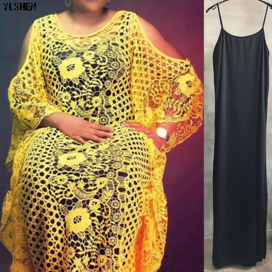 New yellow 2pcs set Большие размеры, длинные африканские платья для женщин, Дашики, модные водорастворимые кружевные свободные юбки с вышивкой бисером, бубоу, африкаин - Цвет: New yellow 2pcs set