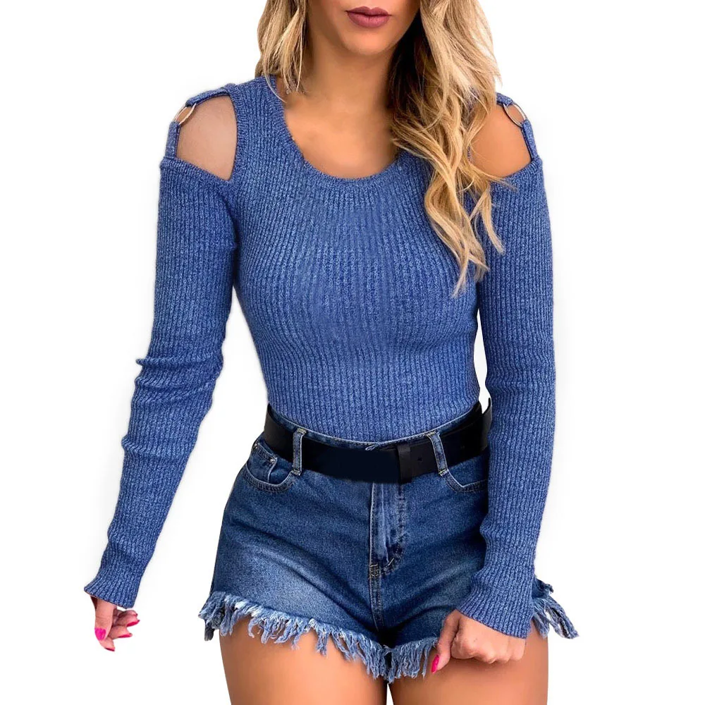 

Autumn Hollowo Out Off Shoulder Women Knitted Tops Blue Grey Slim Long Sleeve Sweater Winter Cloithes Casual Female Pullovers