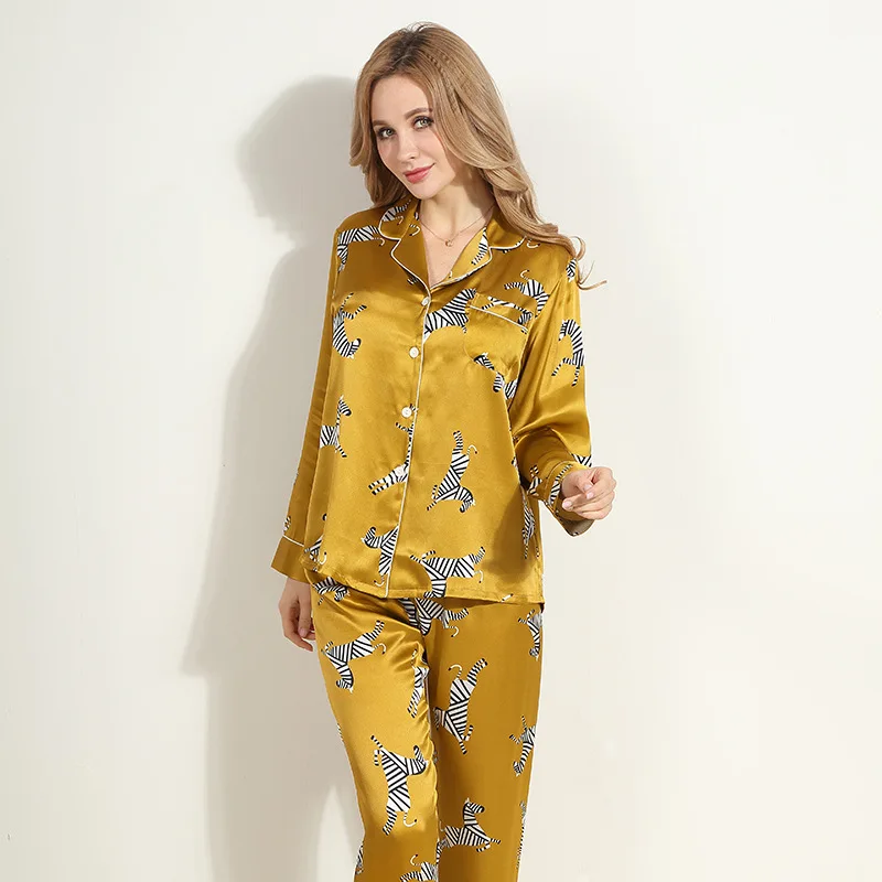 Womens Silk Satin Pajamas Pants Blouse Zebra Printing Pajamas Single Breasted V-neck Shirt Long Sleeve Sleepwear Silk Nightwear