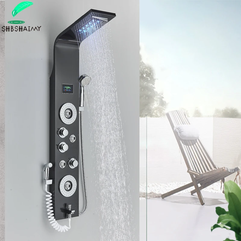 Black LED Light Shower Panel Rainfall or Waterfall ShowerHead SPA Massage Jet Bathroom Column System Bidet Sprayer Faucet |