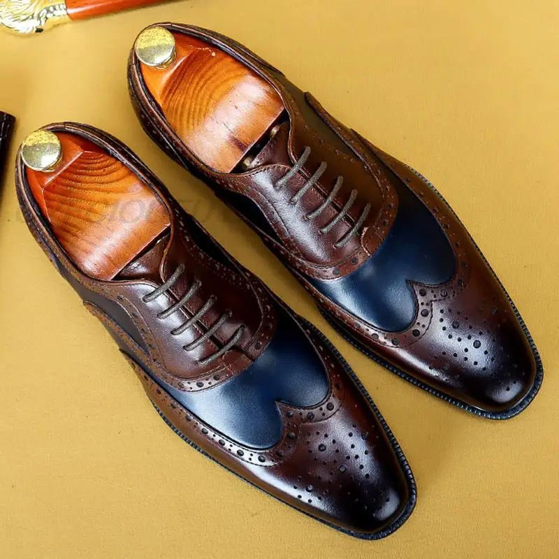 

Броги-оксфорды ручной работы для мужчин, натуральная кожа, заостренный носок, классические туфли, коричневые, черные деловые туфли