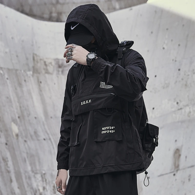 2021 Winter Stylish Men's Black Street Trench Techwear Waterproof Multi-Pocket Letter Printed Windbreaker Jackets Coat Clothing | Мужская