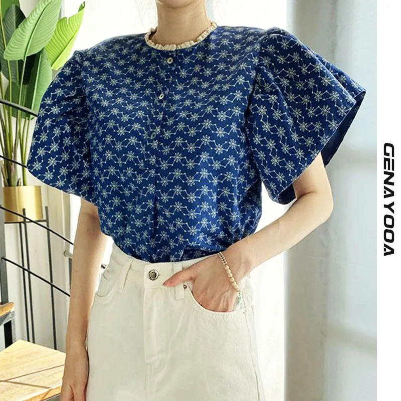 

Genayooa Spring Summer 2021 Floral Embroidery Blouse Women Ruffle Sleeves Lace Collar Blouses Elegant Office Lady Shirt Vintage