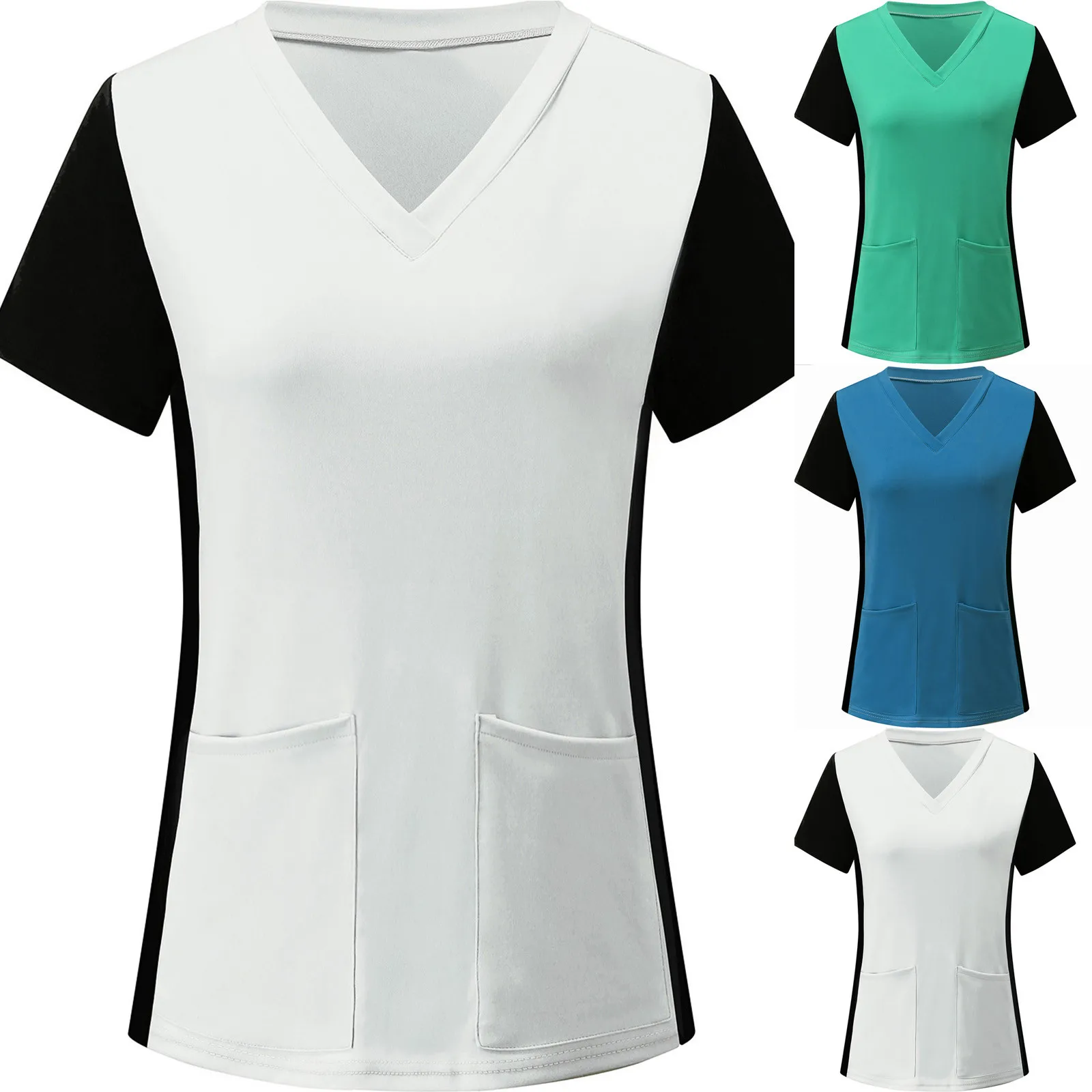 

Nurse Uniform Women's Tops Comfort Short Sleeve V-Neck Pocket Care Workers Splicing Top Ladies Working Uniform nurse accessories