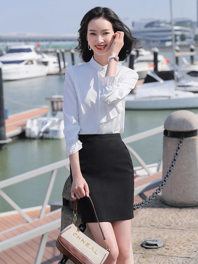 

New women stand collar yellow shirt blouse solid full lantern sleeve girl's office ladies plus size 4XL white green tops