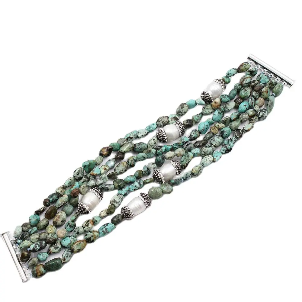 

GG Jewelry 6 Strands Natural Freedom Nugget Green Turquoise White Pearl CZ Pave Bracelet Handmade For Women Lady Jewelry