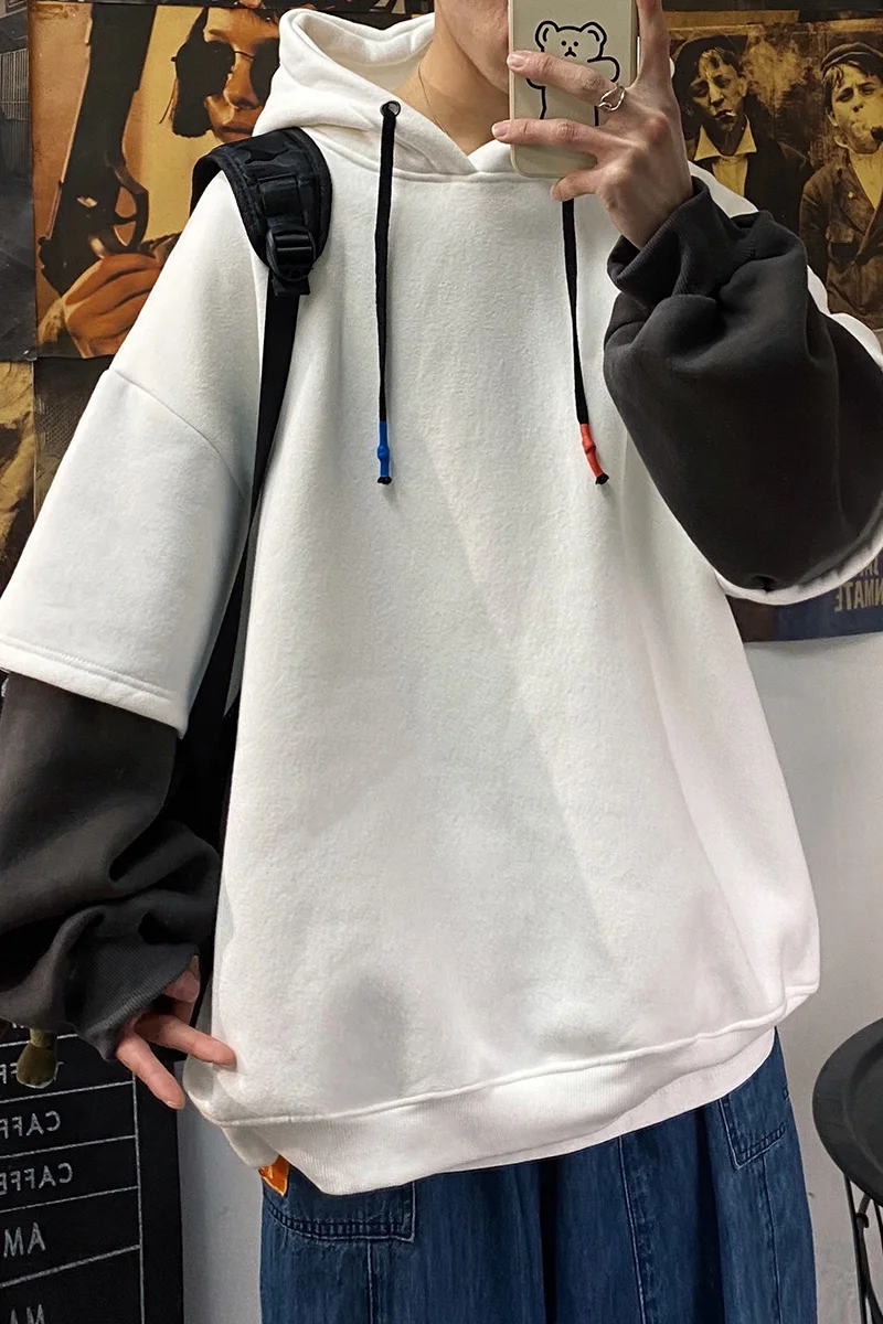 

Nice Stitching Sleeve men's Hoodie Male hip-hop Casual Hooded Sweater Couple Sweater Autumn And Winter White Black Pullover Men