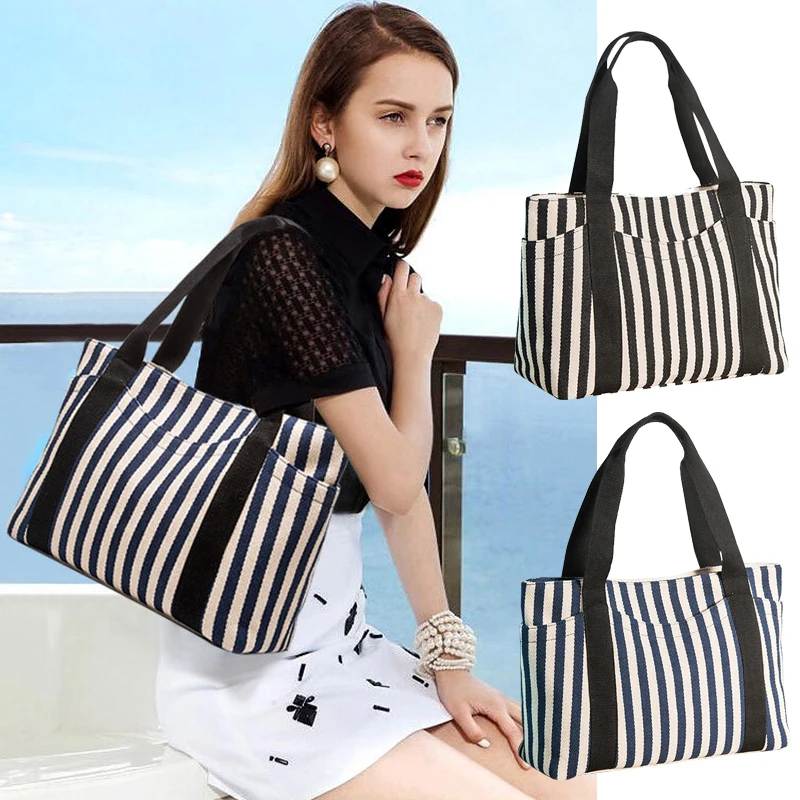 

Women's Bag Fashion Canvas Stripe Handbag Vintage Tote Bag Simple Designer Shoulder Bag Multifunctional Shopper Bag сумка женска