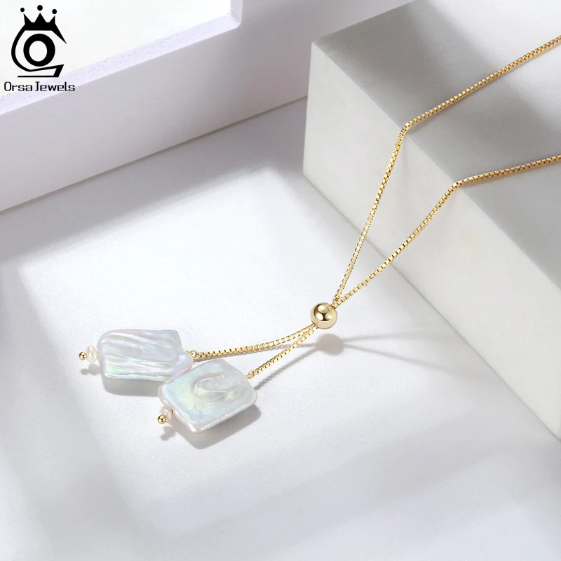 

ORSA JEWELS Freshwater Baroque Pearl Necklace Vintage14K Gold Plated 925 Silver Retro Long Link Chain Jewelry for Women GPN14