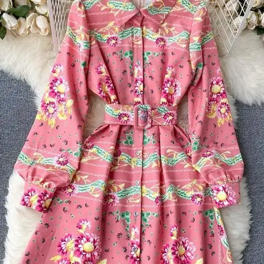 

2020 spring and autumn women's Retro shirt mini dress oversize slim with belt square neck print elegant pink dress Plus Size