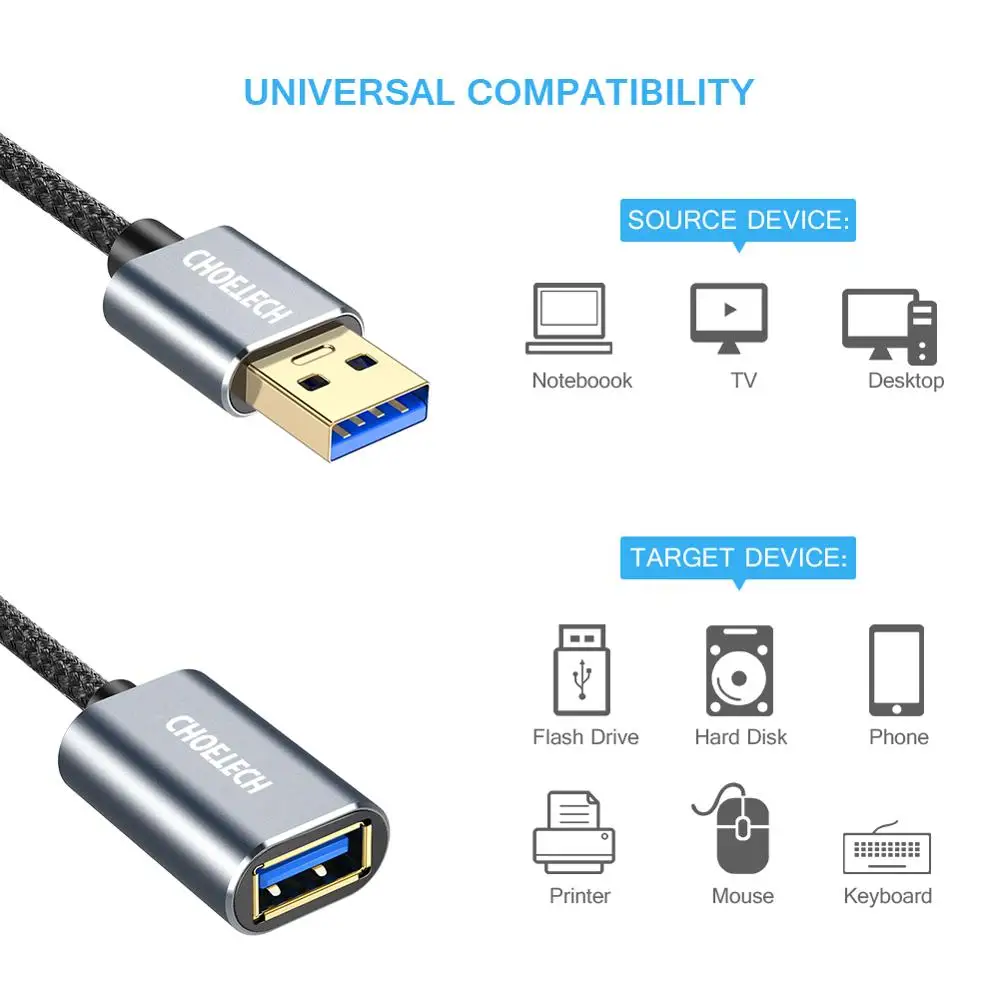 CHOETECH 2 м USB 3 0 удлинитель для Smart tv PS4 Xbox SSD данных шнур камера мышь игра