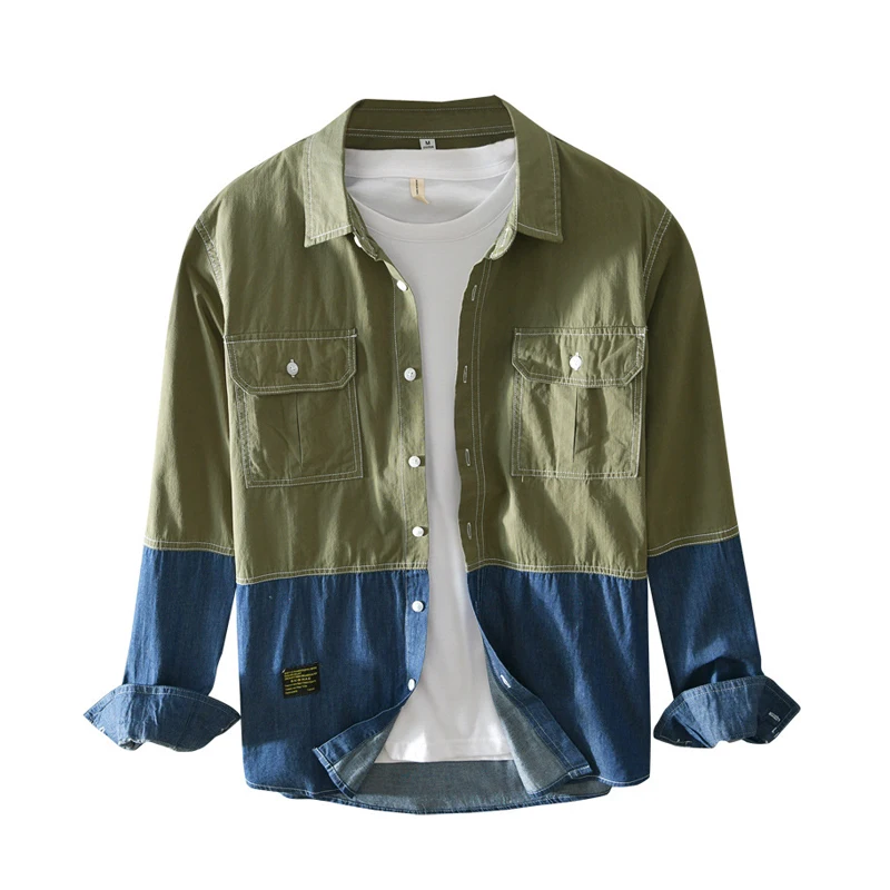 

Spring Autumn Denim Shirt Men Japanese Style Pure Cotton Contrast Color Long Sleeves Jeans Shirt Korean Clothes Men Tops M-XXXL